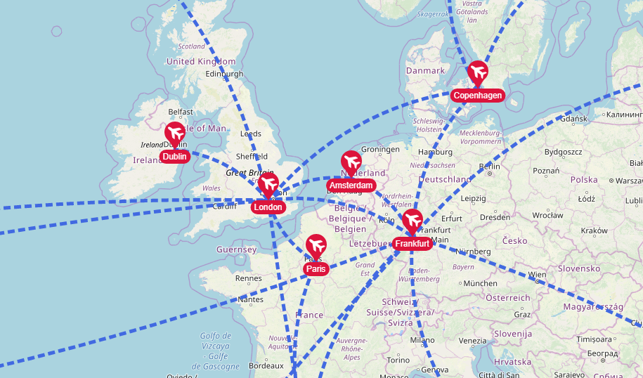 Airports and flight connections on a map