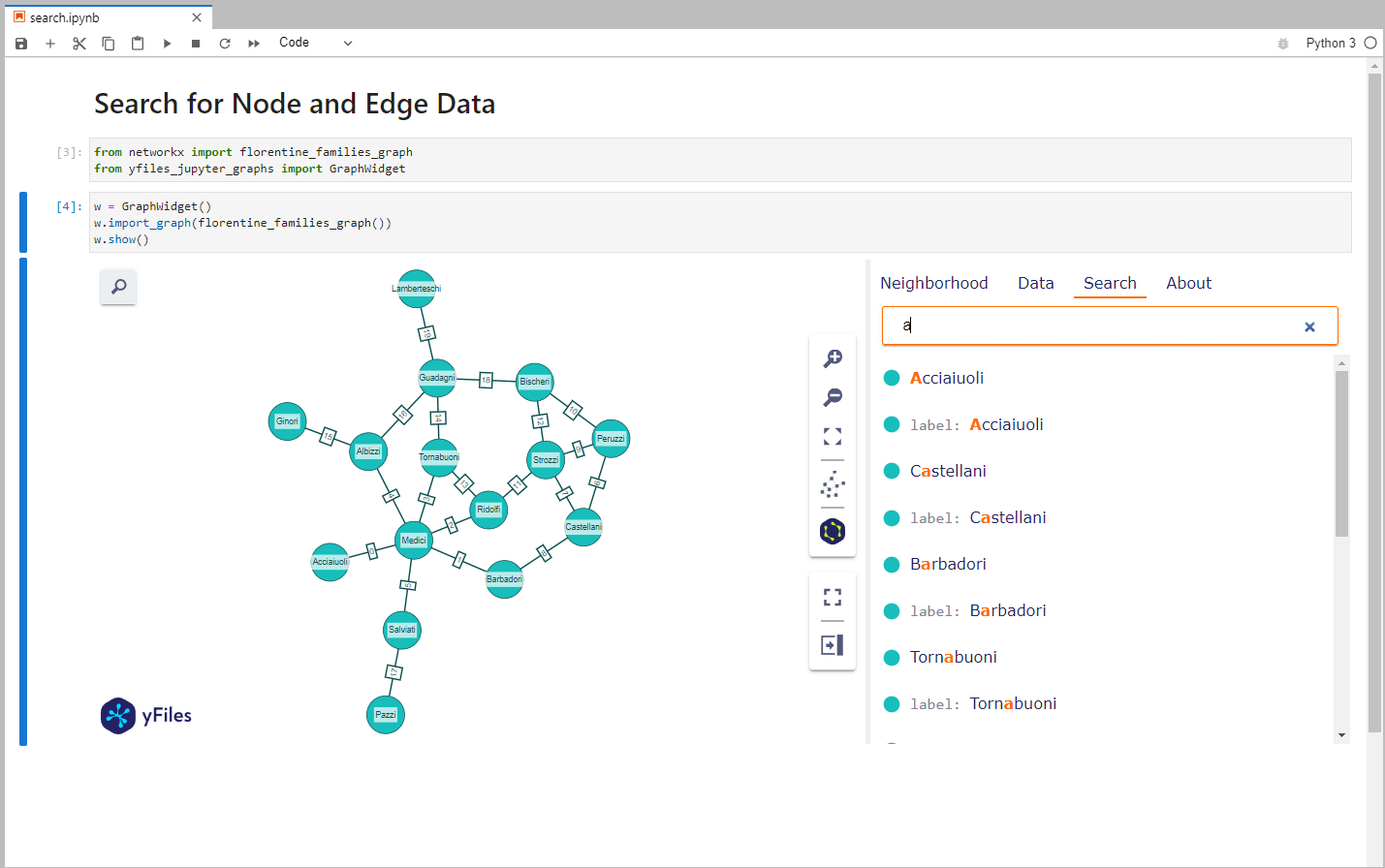 Search for nodes or edges